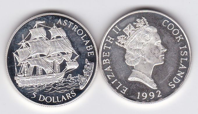 Острови Кука - 5 Dollars 1992 - 500 років відкриття Америки - корабель Астролябія - comm. - UNC