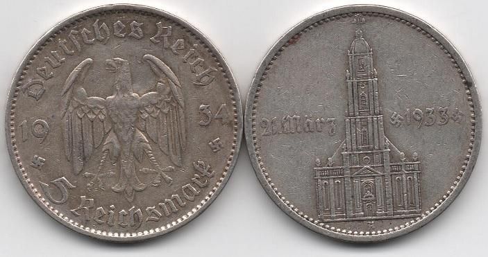 Германия - 5 Reichsmark 1934 - A - Кирха с датой 1933 - VF