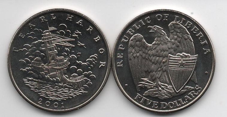 Ліберія - 5 Dollars 2001 - Перл Харбор - UNC