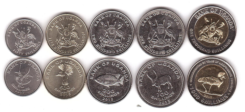 Уганда - набір 5 монет 50 100 200 500 1000 Shilingi 2007 - 2015 - UNC