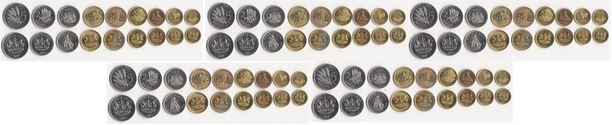 Lesotho - 5 pcs x set 9 coins 1 Sente 2 5 10 20 50 Lisente 1 2 5 Maloti 1992 - 2010 - UNC
