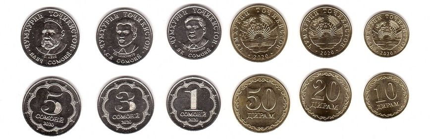 Таджикистан - набор 6 монет 10 20 50 Diram 1 3 5 Somoni 2020 - UNC