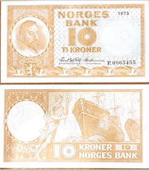 Норвегия - 10 Kroner 1973 - Pick 31f - UNC