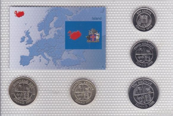 Исландия - набор 5 монет 1 5 10 50 100 Kronur 1999 - 2008 - в блистере - UNC