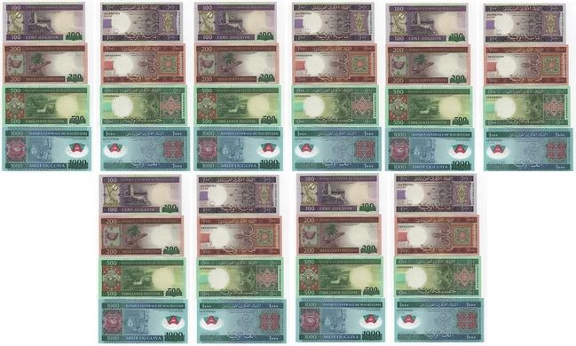 Мавританія - 5 шт х набір 4 банкноти 100 200 500 1000 Ouguiya 2013 - 2015 - UNC
