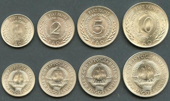 Югославія - Mint набір 4 монети 1 2 5 10 Dinara 1970 - 1976 - FAO in Folder - UNC