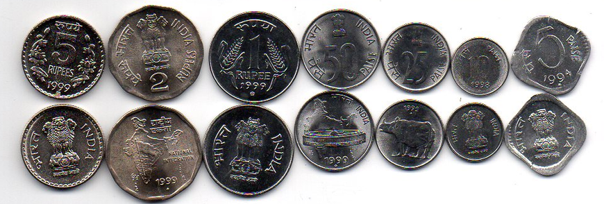 India - set 7 coins 5 10 25 50 Paise 1 2 5 Rupees 1994 - 1999 - UNC / aUNC