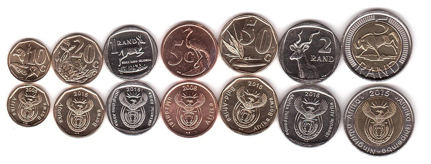 ПАР - набір 7 монет 5 10 20 50 Cents 1 2 5 Rand 2005 - 2016 - UNC