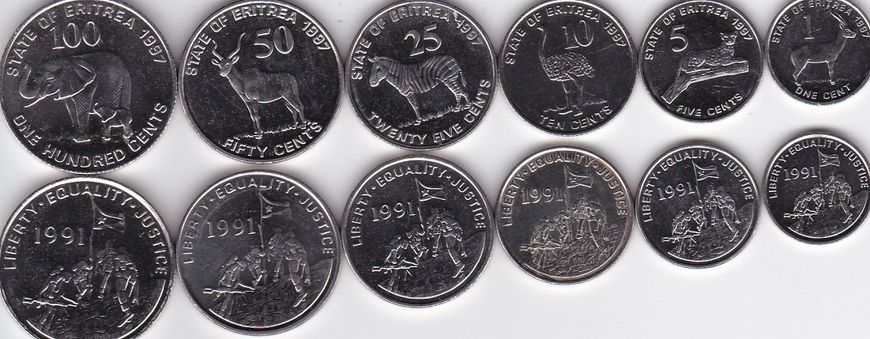 Эритрея - 5 шт х набор 6 монет 1 5 10 25 50 100 Cents 1997 - UNC