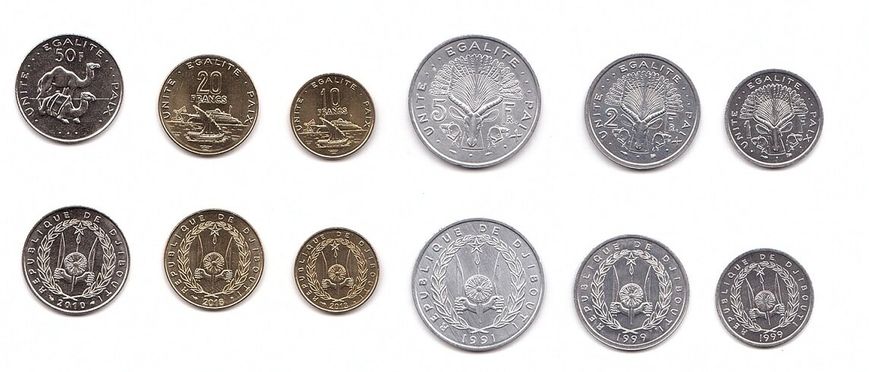 Джибути - #2 - набор 6 монет 1 2 5 10 20 50 Francs 1991 - 2016 - UNC