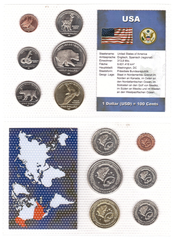 США - набор 6 монет 1 5 10 25 Cents 1/2 1 Dollar 2011 - в блистере - UNC