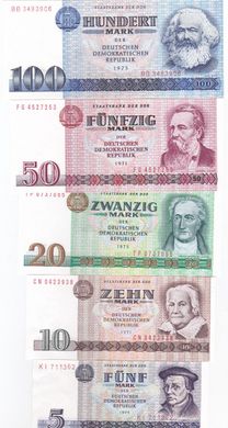 Germany / DDR - set 5 banknotes 5 10 20 50 100 Mark 1975 - aUNC / UNC