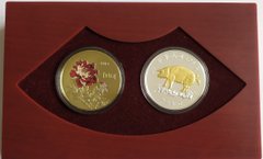 Тайвань - набор 2 монеты 10 + 100 Dollars 2019 - Год свиньи - 100 Dollars серебро - comm. - в футляре на магните с коробочкой - Proof