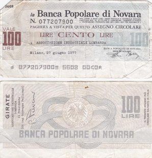 Италия / Milano - Novara - 100 Lire 1976 - 1977 - mixed - La Banca Popolare di Novara - VF