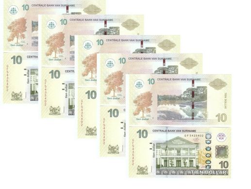 Suriname - 5 pcs x 10 Dollars 2019 - Pick 158 - UNC
