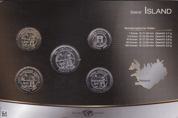 Iceland - set 5 coins 1 5 10 50 100 Kronur 2005 - 2008 - in cardboard - UNC