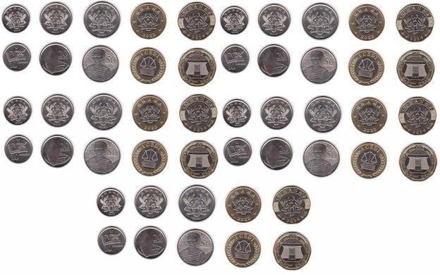 Гана - 5 шт х набор 5 монет 10 20 50 Pesewa 1 2 Cedi 2016 - 2022 - UNC