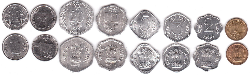 Індія - набір 8 монет 1 2 3 5 10 20 25 50 Paise 1964 - 2011 - aUNC / XF