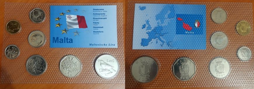 Мальта - набір 7 монет 1 2 5 10 25 50 Cent 1 Lira 1998 - 2005 - у блістері - UNC