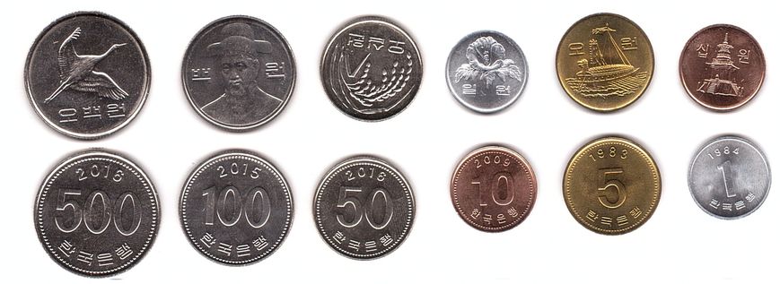Корея Южная - набор 6 монет 1 5 10 50 100 500 Won 1983 - 2016 - UNC