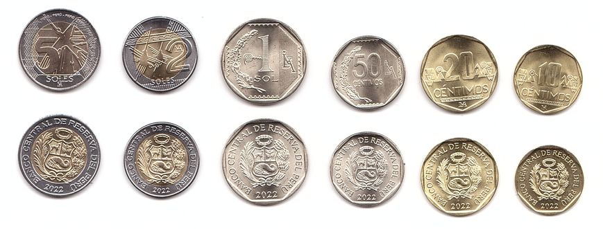 Перу - набор 6 монет 10 20 50 Centimos 1 2 5 Soles 2022 - UNC