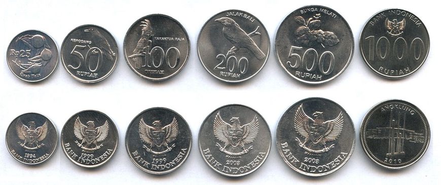 Індонезія - набір 6 монет 25 50 100 200 500 1000 Rupiah 1994 - 2010 - UNC