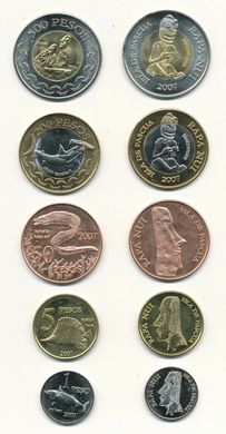 Острів Пасхи - набір 5 монет 1 5 50 200 500 Pesos 2007 - UNC