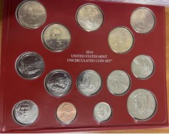США - mint набір 14 монет 1 Dime 1 5 Cents 1/4 x 5 шт + 1 Dollar x 5 шт 2014 - D - в буклете - UNC