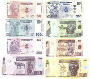 Congo DR - set 8 banknotes 50 100 200 500 1000 5000 10000 20000 Francs 2022 - UNC