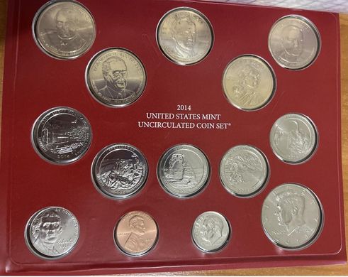 США - mint набір 14 монет 1 Dime 1 5 Cents 1/4 x 5 шт + 1 Dollar x 5 шт 2014 - D - в буклете - UNC