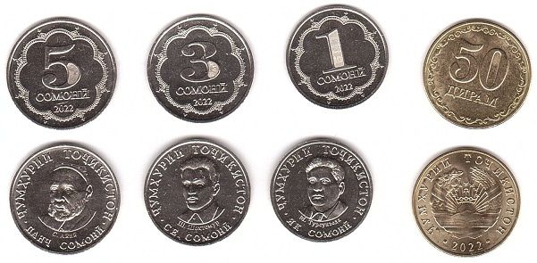 Таджикистан - 5 шт х набор 4 монеты 50 Diram 1 3 5 Somoni 2022 - UNC