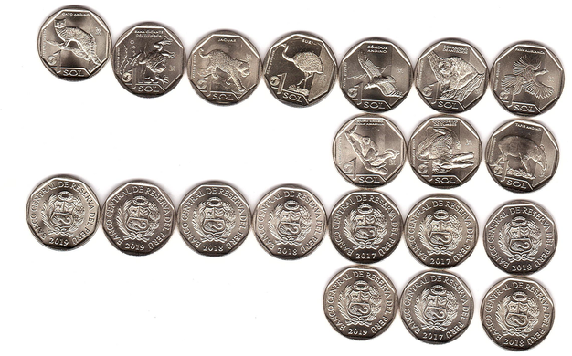 Перу - набор 10 монет 1 Sol 2017 - 2019 - animals - comm. - UNC