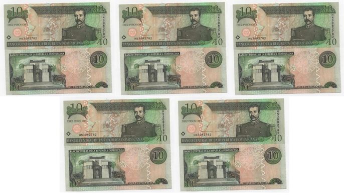 Домініканська Республіка - 5 шт x 10 Pesos 2003 -  P. 168c - UNC