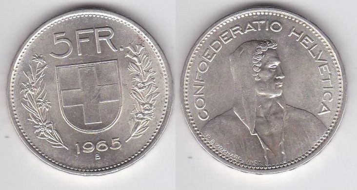 Швейцарія - 5 Franken 1965 - срібло - XF