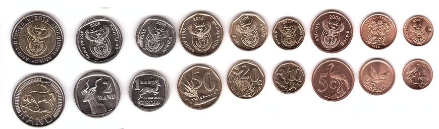 South Africa - set 9 coins 1 2 5 10 20 50 Cents 1 2 5 Rand 1998 - 2016 - UNC