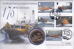 Остров Мэн - 5 Pounds 1999 - 175 лет королевскому национальному институту спасательных шлюпок 175 years of the Royal National Lifeboat Institute - в конверте - comm. - UNC