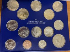 США - mint набір 14 монет 1 Dime 1 5 Cents 1/4 x 5 шт + 1 Dollar x 5 шт 2014 - P - в буклете - UNC