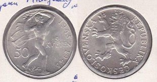 Чехословаччина - 50 Korun 1948 - 3 роки Празькому повстанню - срібло у холдері - aUNC / XF