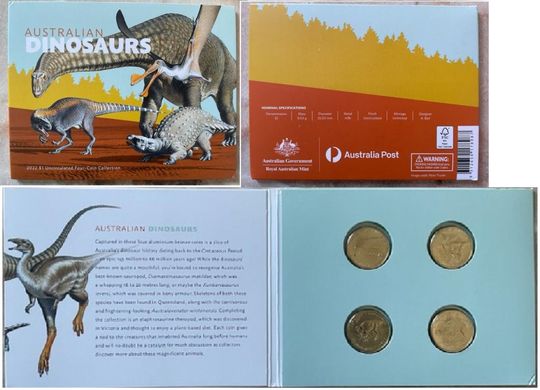 Австралія - ​​набір 4 монети x 1 Dollar 2022 - Динозаври - офіціальний буклет - UNC