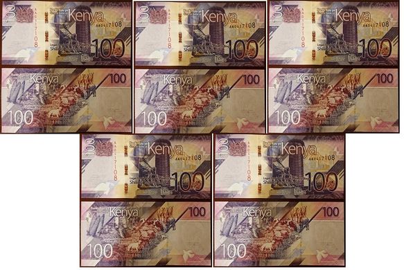 Кения - 5 шт х 100 Shillings 2019 - UNC