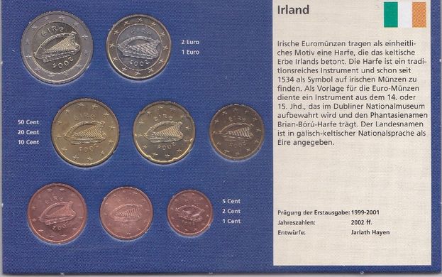 Ирландия - набор 8 монет 1 2 5 10 20 50 Cent 1 2 Euro 2003 - 2004 - в синем буклете - UNC