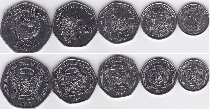 Сан-Томе та Прінсіпі - набір 5 монет 100 250 500 1000 2000 Dobras 1997 - UNC