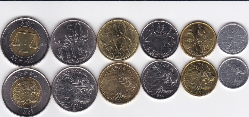 Ефіопія - набір 6 монет 1 5 10 25 50 Cents 1 Byrr (50 Cents XF+) 2004 - 2010 - UNC / XF+