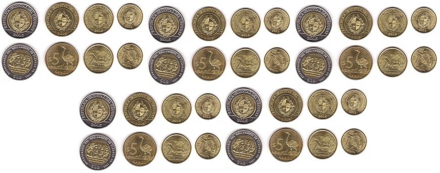 Уругвай - 5 шт х набор 4 монеты 1 2 5 10 Pesos 2012 - 2015 - aUNC / UNC
